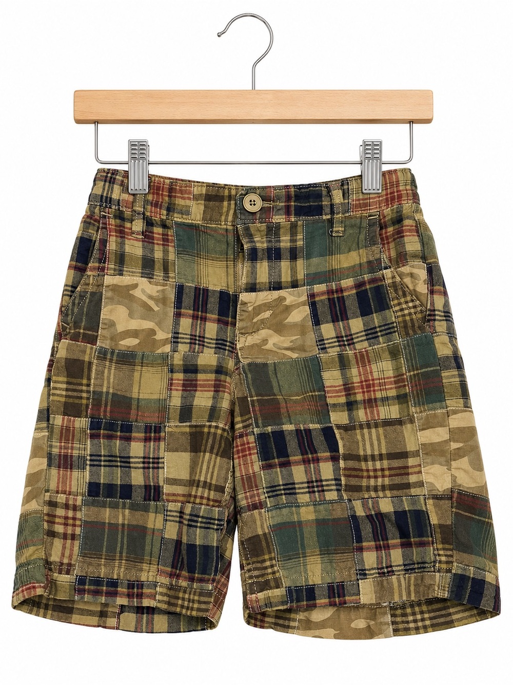 Old Navy Patchwork Plaid Camo Cargo Shorts Boys Size 7 Adjustable Waist Cotton